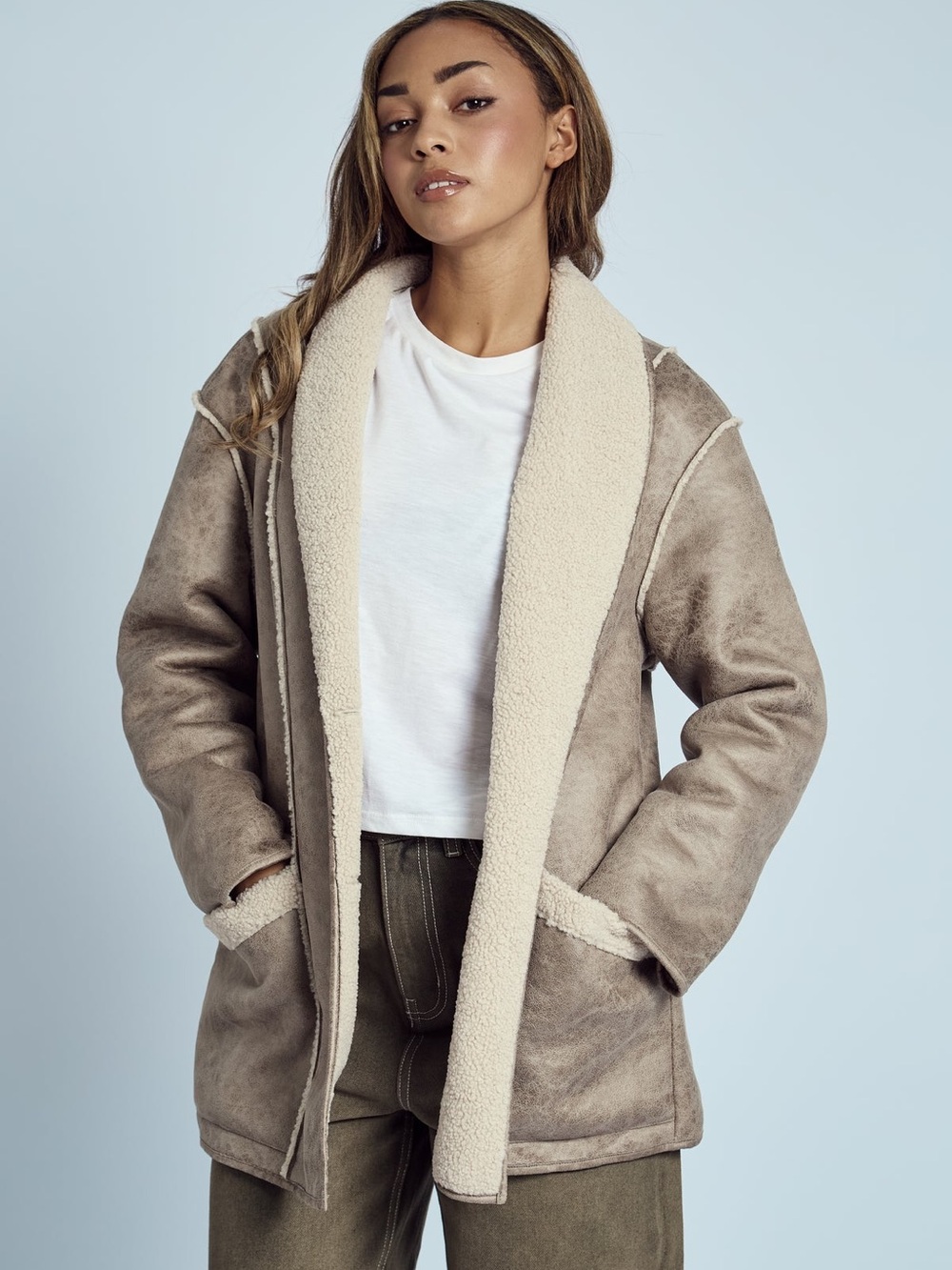 NATIVE YOUTH Taupe Shearling-Trim Teddy Jacket small
